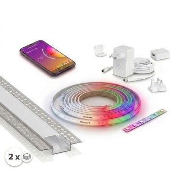 ZESTAW 1x ściemnialny pasek LED RGBW Philips Hue WHITE AND COLOR AMBIANCE LED/20W/230V 2 m + 2x profil wpuszczany 1 m srebrny/biały