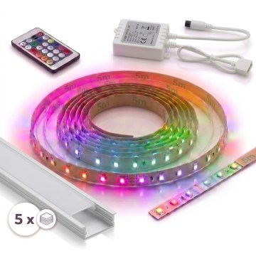 ZESTAW 1x taśma LED RGBW ściemnialna DIGITAL LED/16,5W/230V 5 m + 5x profil wpuszczany 1 m srebrny/biały + pilot zdalnego sterowania