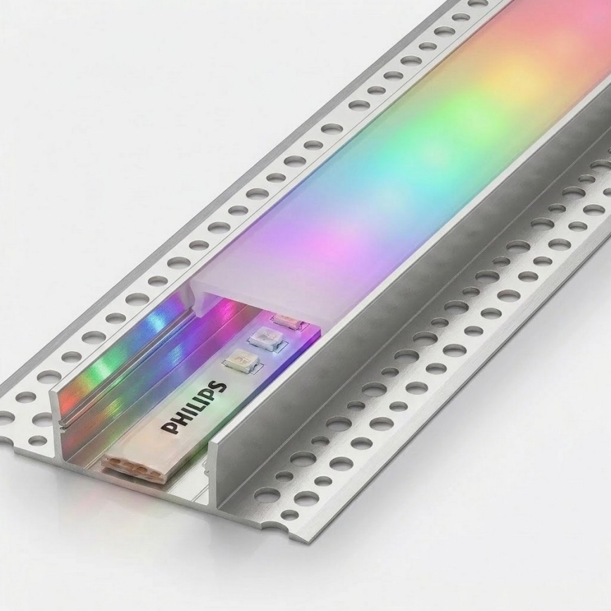 ZESTAW 1x ściemnialna taśma LED RGBW Philips Hue WHITE AND COLOR AMBIANCE LED/20W/230V 2 m + 2x profil do zabudowy 1 m srebrny/biały