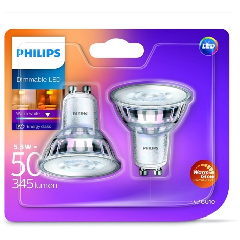 Zestaw 2 LED ściemnialnych żarówek Philips Warm Glow GU10/5.5W/230V 2200K–2700K 