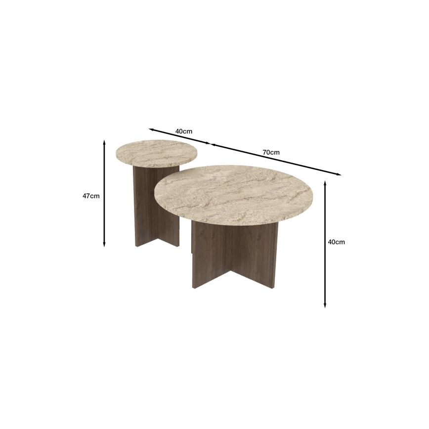 Zestaw 2 stolików kawowych PURO, śr. 40/70 cm, orzech/trawertyn