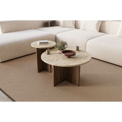 ZESTAW 2 stolików kawowych PURO, śr. 40 i 70 cm, orzech/beżowy