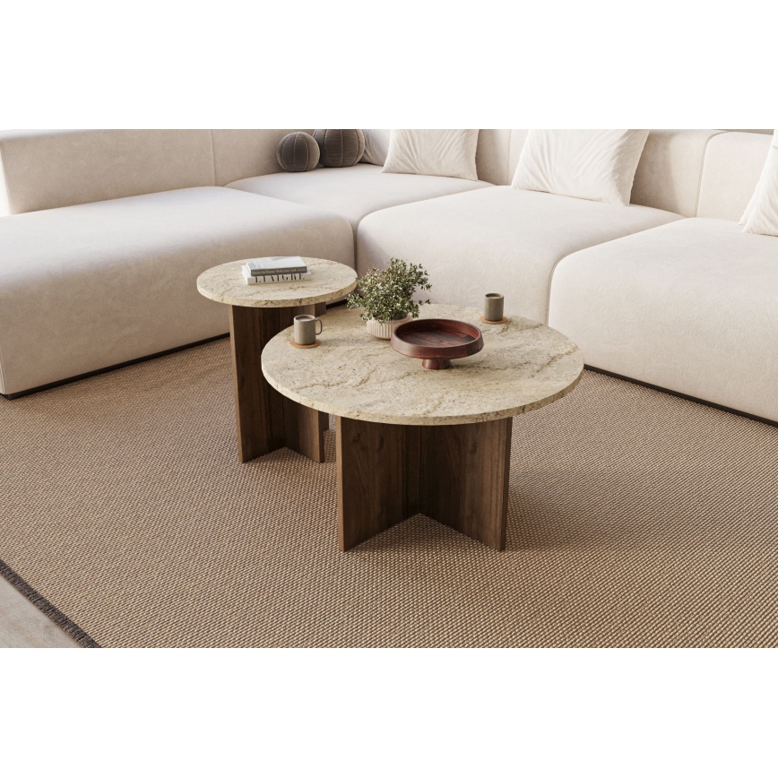 ZESTAW 2 stolików kawowych PURO, śr. 40 i 70 cm, orzech/beżowy