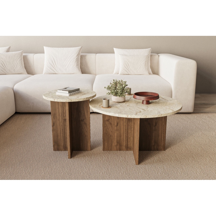 ZESTAW 2 stolików kawowych PURO, śr. 40 i 70 cm, orzech/beżowy