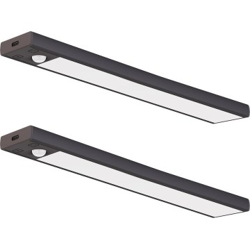 ZESTAW 2x ładowalne oświetlenie meblowe LED z czujnikiem ruchu i zmierzchu VIRO LED/1,2W/3,7V 800 mAh 3000/4000/6500K 30 cm czarne