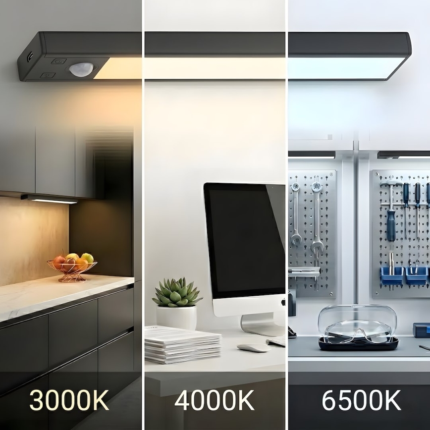 ZESTAW 2x Ładowalne oświetlenie meblowe LED z czujnikiem ruchu i zmierzchu VIRO LED/1W/3,7V 800 mAh 3000/4000/6500K 20 cm czarne