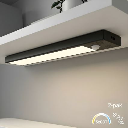 ZESTAW 2x Ładowalne oświetlenie meblowe LED z czujnikiem ruchu i zmierzchu VIRO LED/1W/3,7V 800 mAh 3000/4000/6500K 20 cm czarne