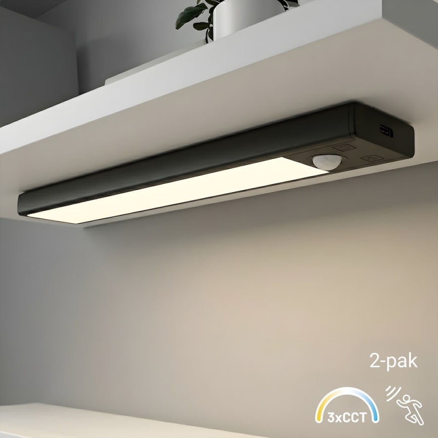 ZESTAW 2x Ładowalne oświetlenie meblowe LED z czujnikiem ruchu i zmierzchu VIRO LED/1W/3,7V 800 mAh 3000/4000/6500K 20 cm czarne