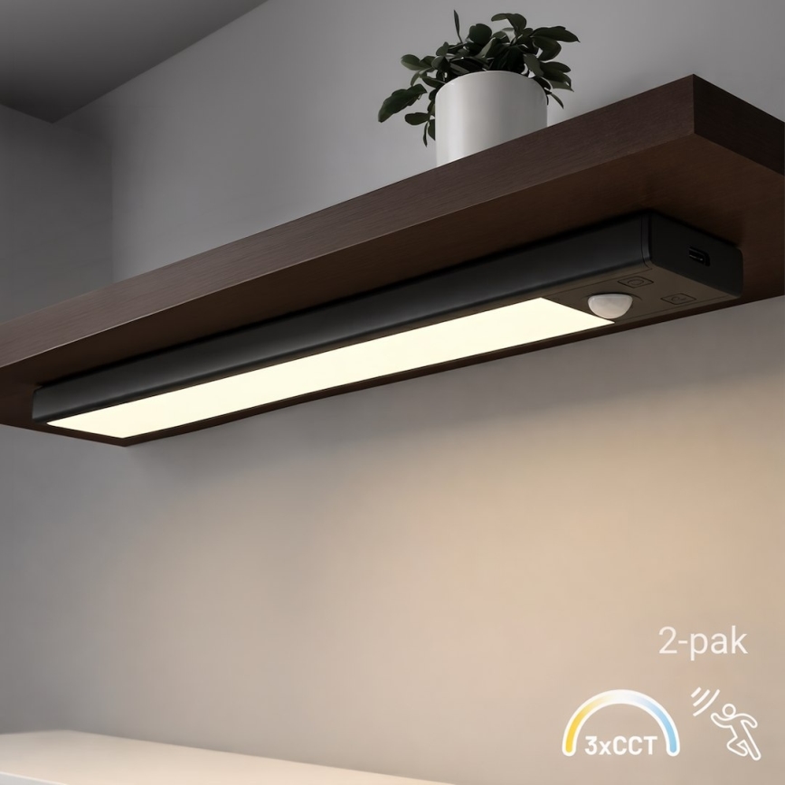 ZESTAW 2x ładowalne oświetlenie meblowe LED z czujnikiem ruchu i zmierzchu VIRO LED/1,2W/3,7V 800 mAh 3000/4000/6500K 30 cm czarne