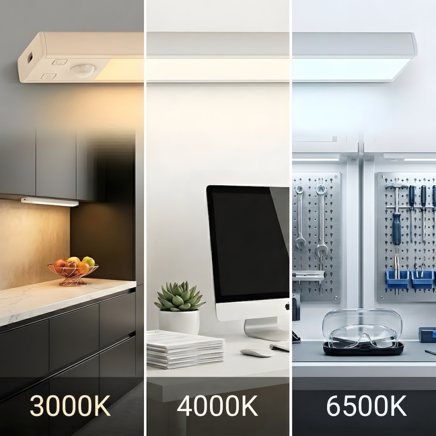ZESTAW 2x ładowalne oświetlenie meblowe LED z czujnikiem ruchu i zmierzchu VIRO LED/1,2W/3,7V 800 mAh 3000/4000/6500K 30 cm biały