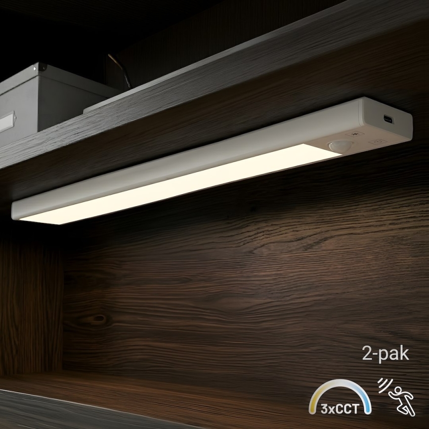 ZESTAW 2x ładowalne oświetlenie meblowe LED z czujnikiem ruchu i zmierzchu VIRO LED/1,2W/3,7V 800 mAh 3000/4000/6500K 30 cm biały