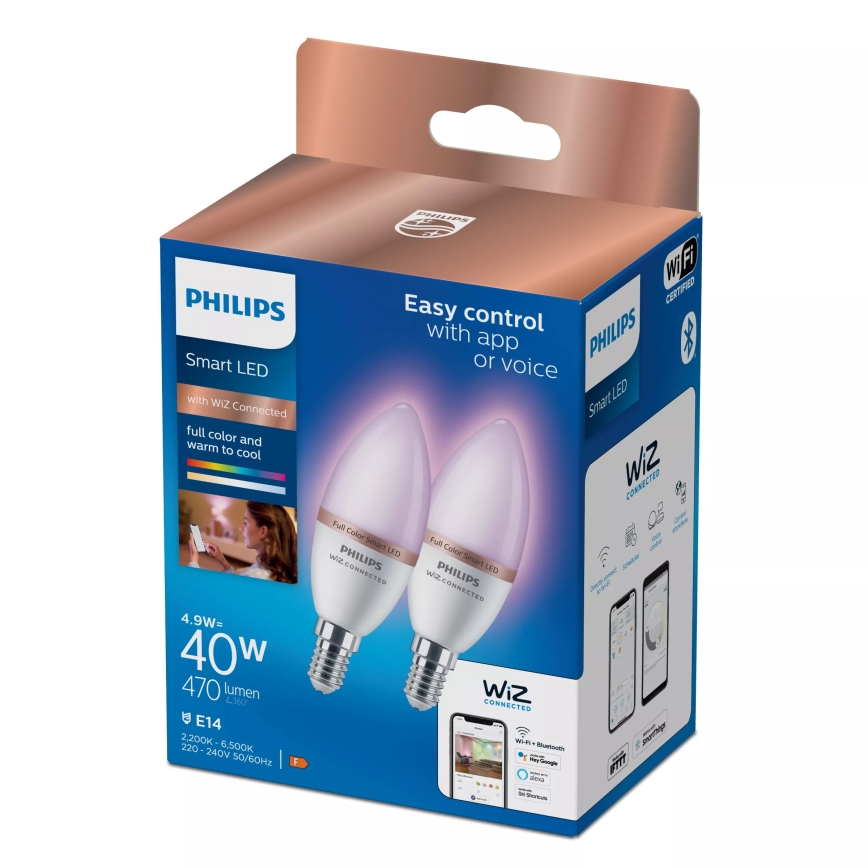 ZESTAW 2x ściemnialnych żarówek LED RGB Philips SMART C37 E14/4,9W/230V 2200-6500K CRI 90