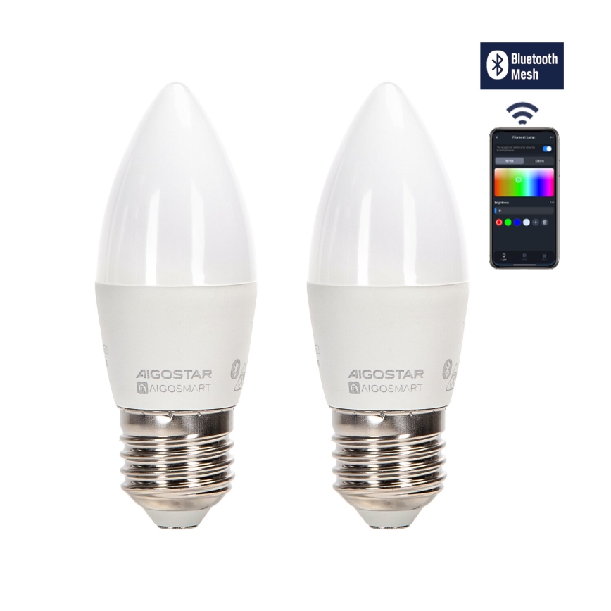 ZESTAW 2x Ściemniana żarówka LED RGBW MESH Smart C37 E27/6,5W/230V 2700-6500K + zdalne sterowanie - Aigostar