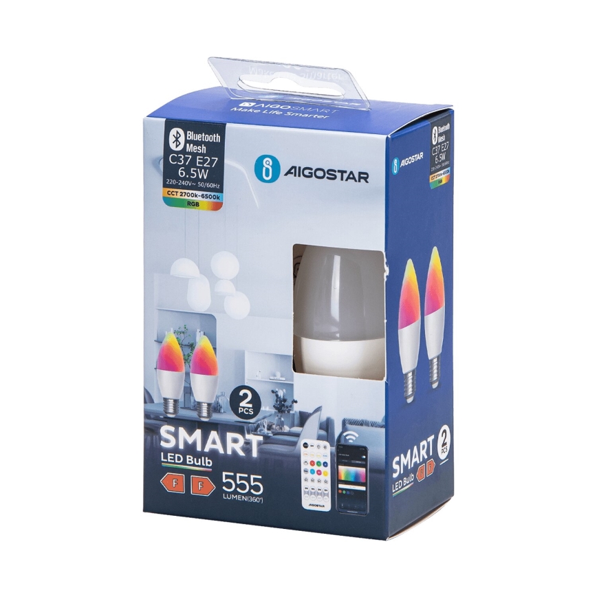 ZESTAW 2x Ściemniana żarówka LED RGBW MESH Smart C37 E27/6,5W/230V 2700-6500K + zdalne sterowanie - Aigostar