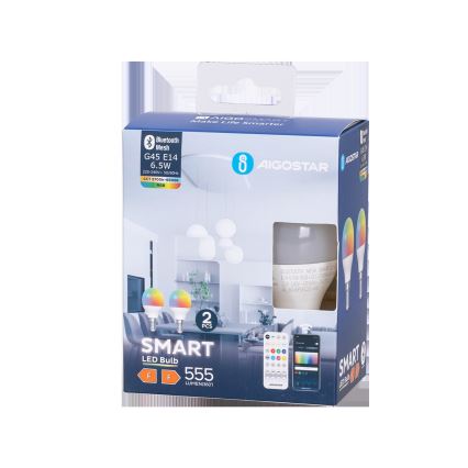ZESTAW 2x Ściemniana żarówka LED RGBW MESH Smart G45 E14/6,5W/230V 2700-6500K + zdalne sterowanie - Aigostar