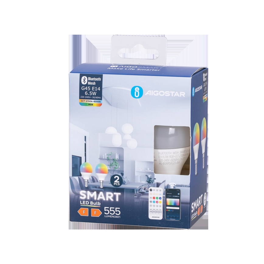 ZESTAW 2x Ściemniana żarówka LED RGBW MESH Smart G45 E14/6,5W/230V 2700-6500K + zdalne sterowanie - Aigostar
