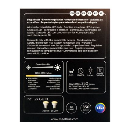 ZESTAW 2x LED Ściemnialna żarówka Philips Hue WHITE AMBIANCE GU10/5W/230V 2200–6500K