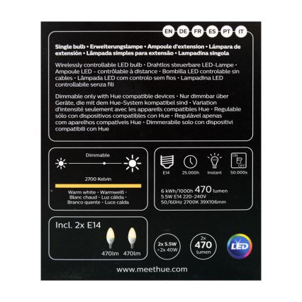 ZESTAW 2x LED Ściemnialna żarówka Philips Hue WHITE E14/5,5W/230V 2700K