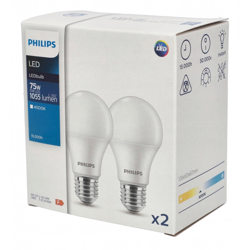 ZESTAW 2x LED Żarówka Philips A60 E27/10W/230V 4000K