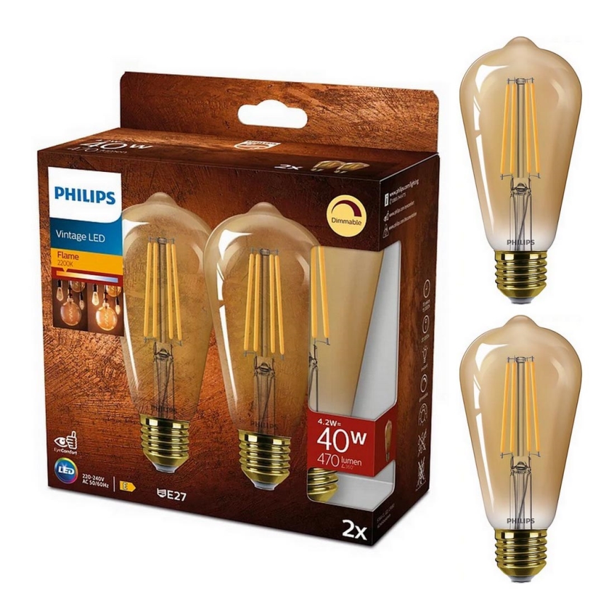 ZESTAW 2x LED Żarówka ściemnialna VINTAGE Philips ST64 E27/4,2W/230V 2200K