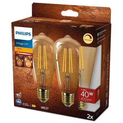 ZESTAW 2x LED Żarówka ściemnialna VINTAGE Philips ST64 E27/4,2W/230V 2200K