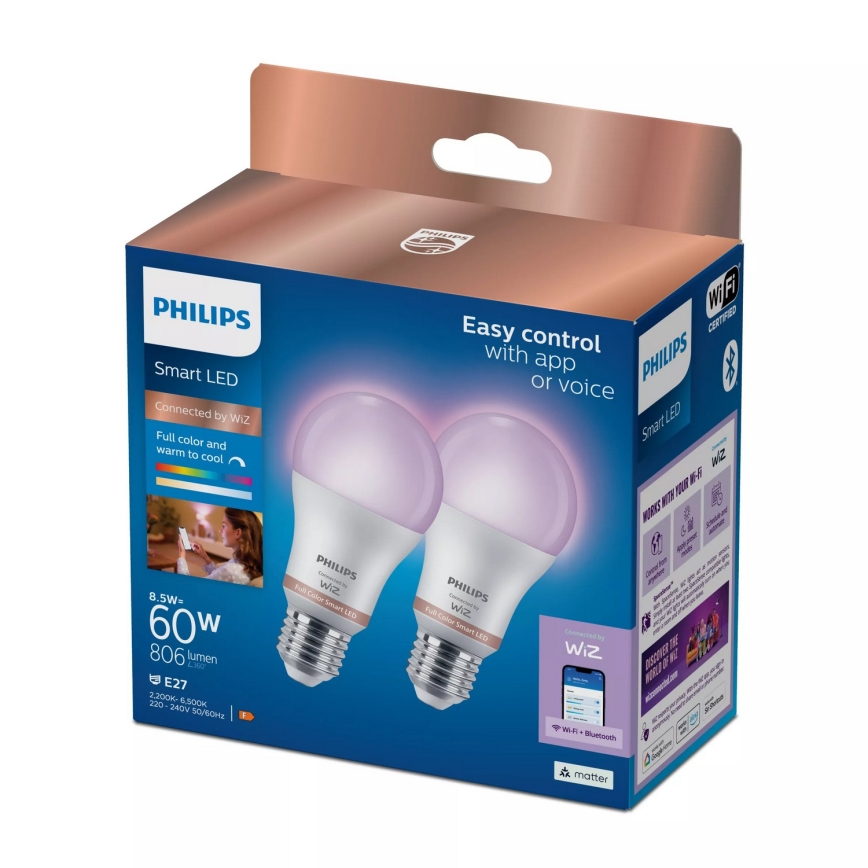 Zestaw 2x ściemnialnych żarówek LED RGB Philips SMART A60 E27/8,5W/230V 2200-6500K