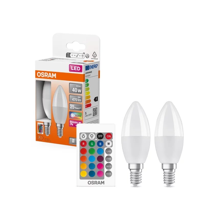 ZESTAW 2x Ściemniana żarówka LED RGBW B38 E14/4,9W/230V 2700K + zdalne sterowanie - Osram