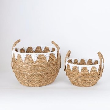 ZESTAW 2x Słomiany koszyk beżowy/biały 32x16,5x18/24x23,5x26 cm