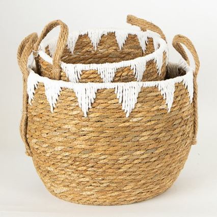 ZESTAW 2x Słomiany koszyk beżowy/biały 32x16,5x18/24x23,5x26 cm