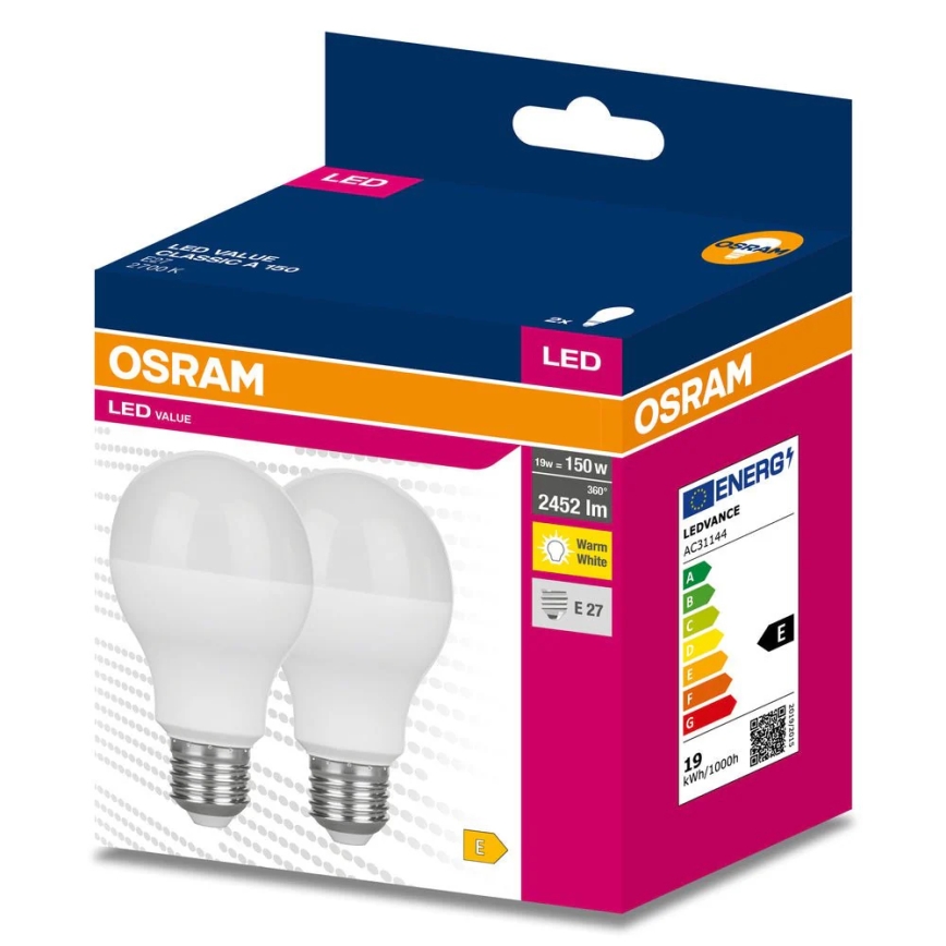 Zestaw 2x żarówek LED VALUE CLASSIC E27/19W/230V 2700K - Osram