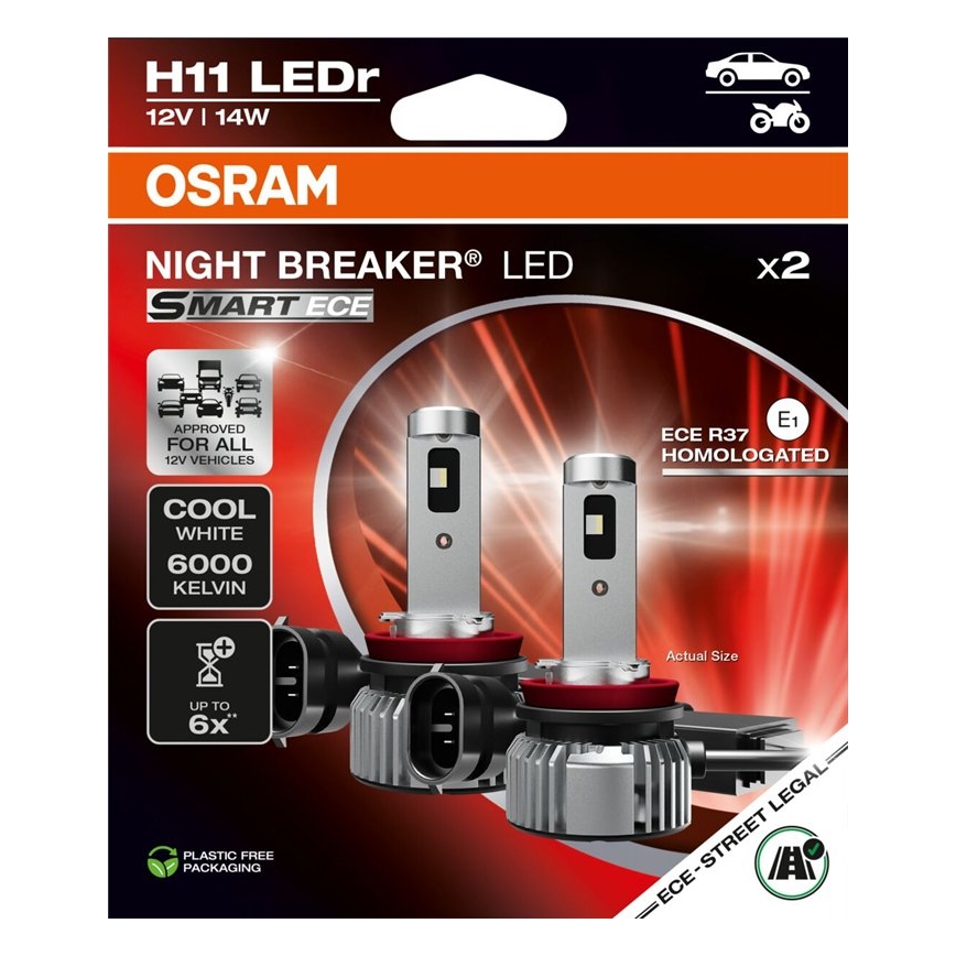 Zestaw 2x żarówek samochodowych LED NIGHT BREAKER SMART H11 PGJ19-2/14W/12V 6000K - Osram