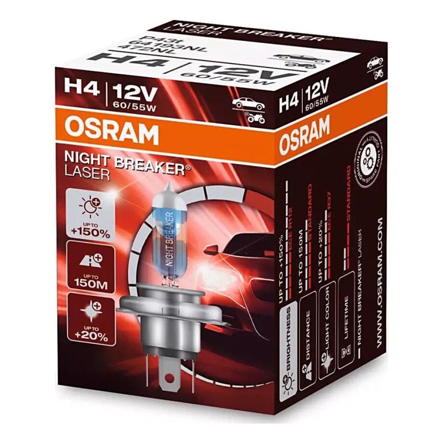 ZESTAW 2x Żarówka samochodowa NIGHT BREAKER H4 P43t/60/55W/12V 3900K - Osram