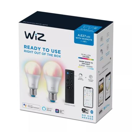 ZESTAW 2x Żarówka ściemniana LED RGBW A60 E27/8,5W/230V 2200-6500K Wi-Fi + pilot zdalnego sterowania - WiZ