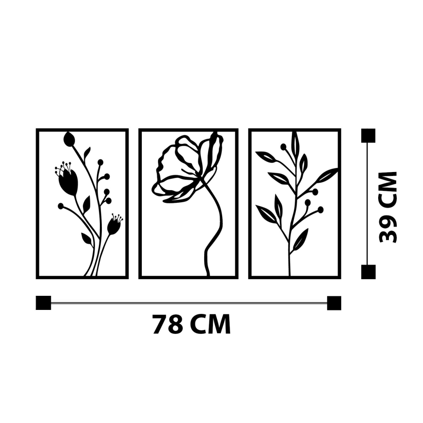 ZESTAW 3x Dekoracja ścienna 78x39 cm kwiaty metal