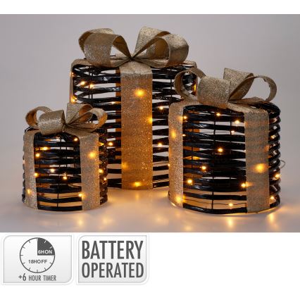 ZESTAW 3x dekoracje świąteczne LED 20xLED/2xAA + 30xLED/3xAA + 40xLED/3xAA ciepła biała prezenty/czarny