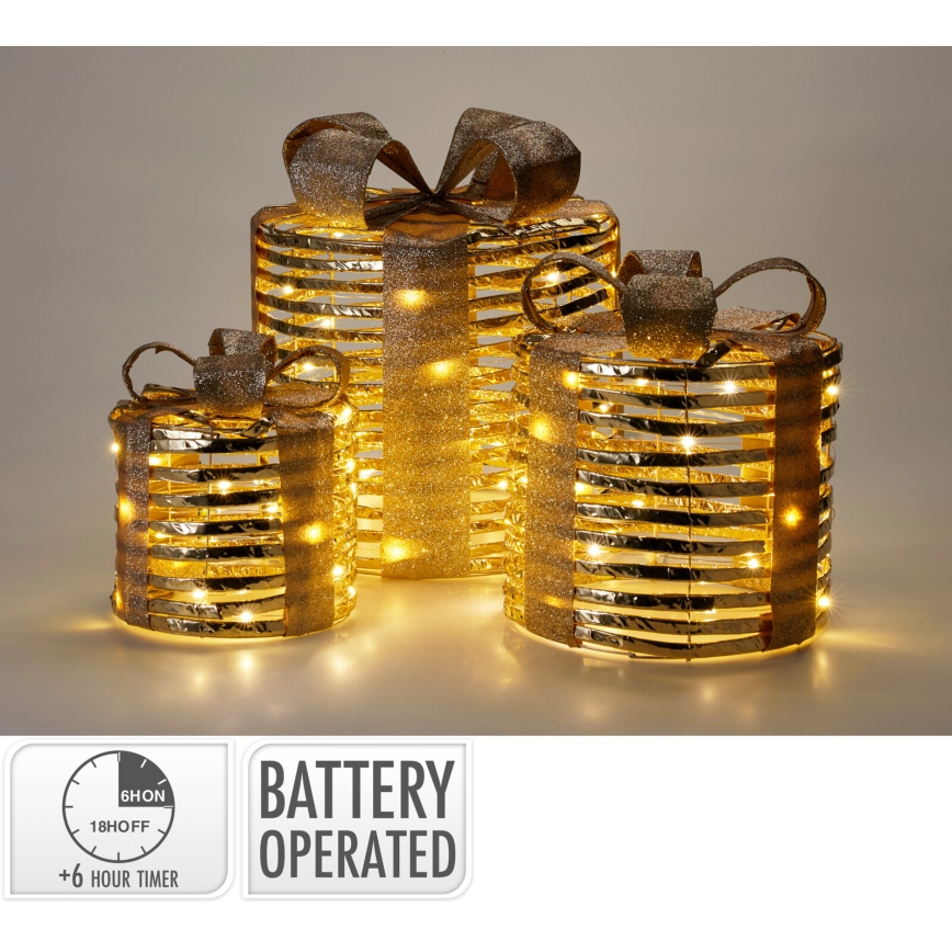 Zestaw 3x dekoracji świątecznych LED 20xLED/2xAA + 30xLED/3xAA + 40xLED/3xAA ciepłe białe światło prezenty/złote