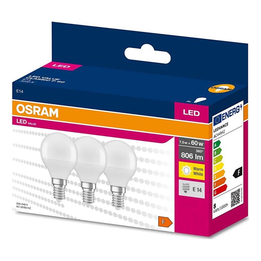 ZESTAW 3x LED Żarówka P45 E14/7,5W/230V 3000K - Osram