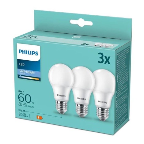 ZESTAW 3x LED Żarówka Philips A60 E27/8W/230V 6500K