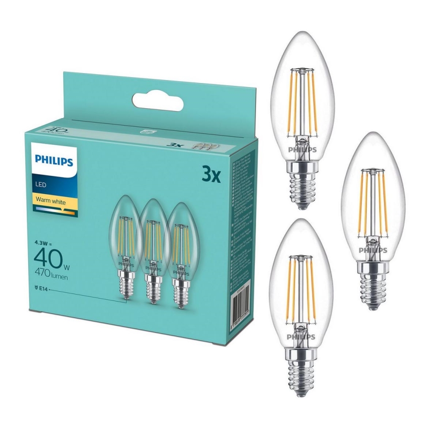 ZESTAW 3x LED Żarówka Philips B35 E14/4,3W/230V 2700K