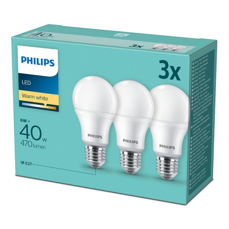 ZESTAW 3x LED Żarówka Philips E27/6W/230V 2700K