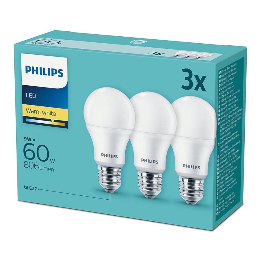 Zestaw 3x LED Żarówka Philips E27/9W/230V 2700K