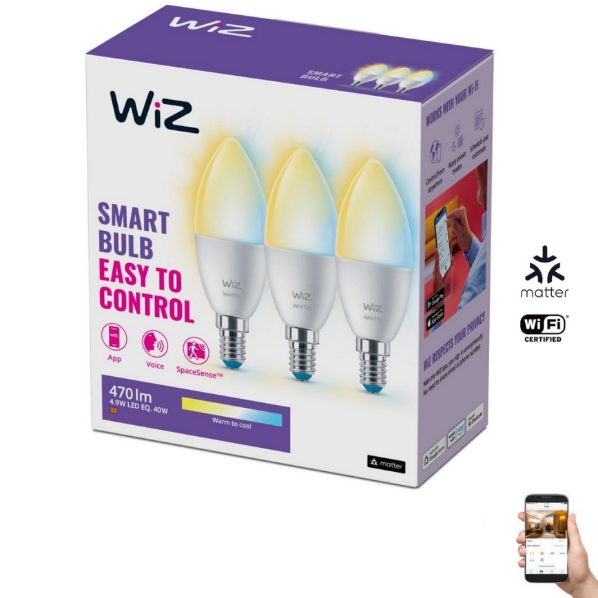 ZESTAW 3x LED Żarówka ściemnialna C37 E14/4,9W/230V 2700-6500K CRI 90 Wi-Fi - WiZ