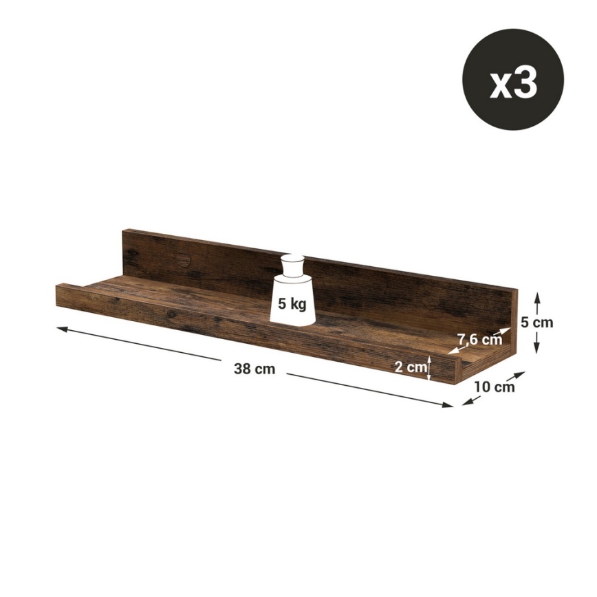 Zestaw 3x półek ściennych SHELFY 38x5x10 cm brązowy