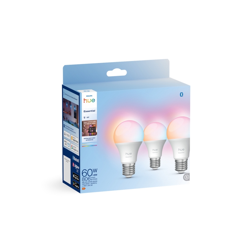 Zestaw 3x ściemnialnych żarówek LED Philips Hue White And Color Ambiance Essential E27/8W/230V 2200-6500K