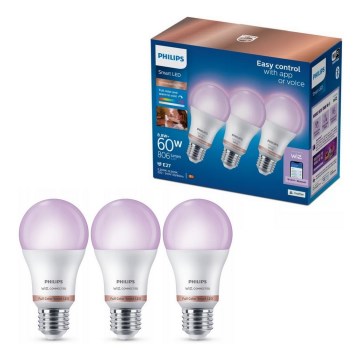 Zestaw 3x ściemnialnych żarówek LED RGB Philips SMART A60 E27/8,8W/230V 2200-6500K
