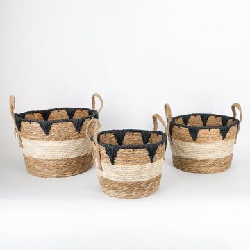 ZESTAW 3x Słomiany koszyk beżowy/czarny 27x20/30x22/36x28 cm
