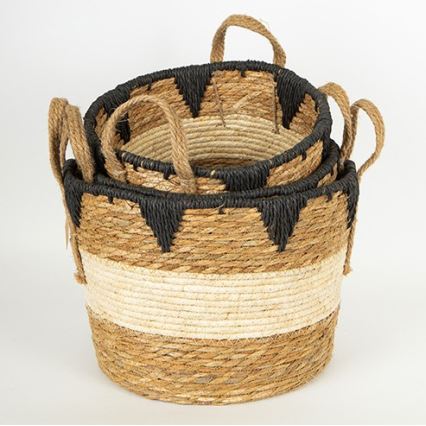 ZESTAW 3x Słomiany koszyk beżowy/czarny 27x20/30x22/36x28 cm