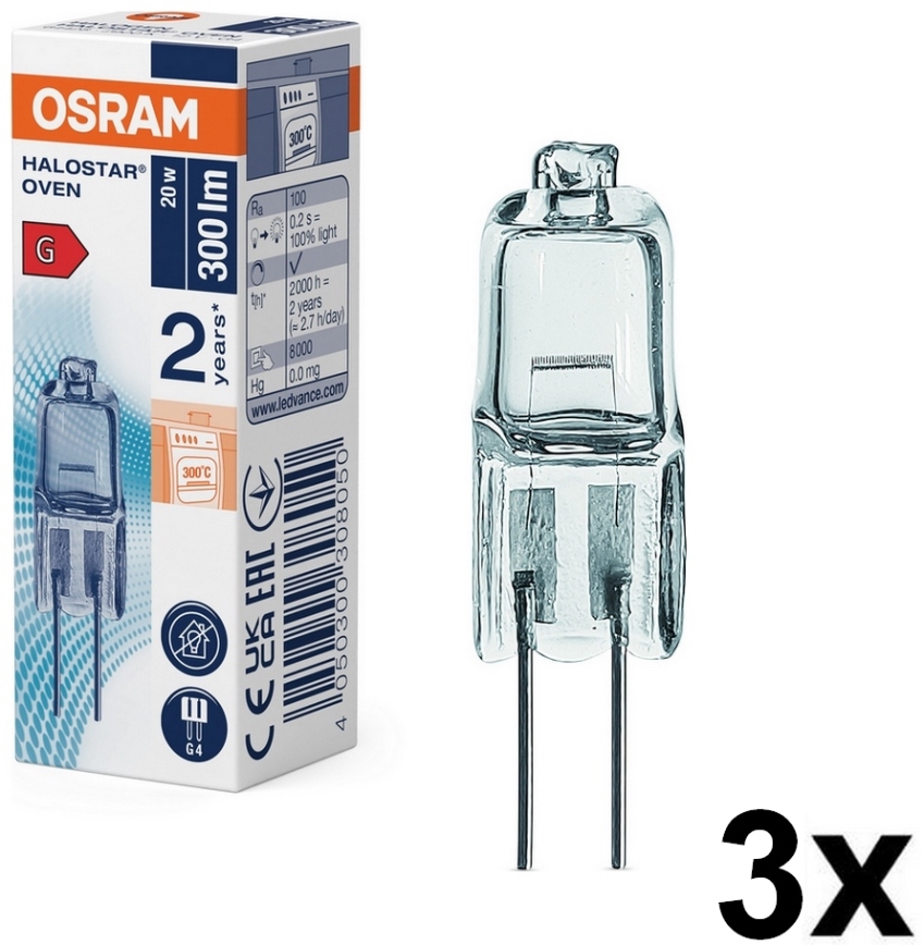 ZESTAW 3x żarówek halogenowych do piekarnika HALOSTAR G4/20W/12V 2700K - Osram