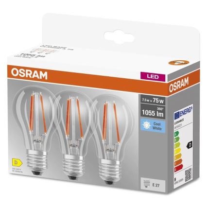 Zestaw 3x żarówek LED BASE CLASSIC FILAMENT A60 E27/7,5W/230V 4000K - Osram