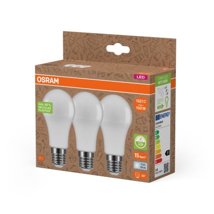 Zestaw 3x żarówek LED z tworzywa z recyklingu A100 E27/14W/230V 4000K - Osram